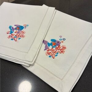 Embroidered Fish Design Table Linens - White. Set of 2.